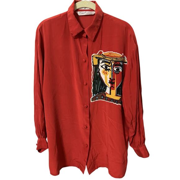 Women's Vintage Picasso Portrait of A Women Shirt  Long Sleeve Silk Sz Large - Picture 1 of 6